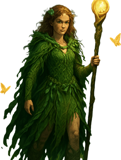 A forest druidess cloaked in green vines, leaves, and bark-woven garments, standing among ancient stone circles. Female, 28 years old, slender and fierce, auburn curly hair with forest flowers woven in, moss-green eyes, and freckled sun-kissed skin. A glowing staff carved from elderwood is in her hand, and glowing butterflies swirl around her. Realistic, highly detailed, enchanted forest atmosphere. realistic.
In-Game asset.  2d.  High contrast.  No shadows
