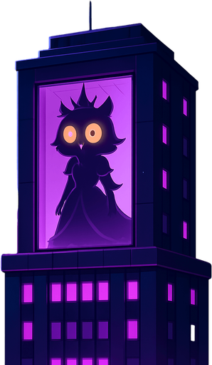 A cinematic 2D cartoon-style night cityscape featuring a tall, dark purple skyscraper with glowing violet lights. From a distant view, on the top floor, a large glass window reveals the silhouette of a mysterious owl princess. She has a crown, flowing dress, and large glowing orange eyes, barely visible behind the glass. The building reflects moonlight, surrounded by other modern towers and misty clouds. The owl silhouette gives a feeling of sorrow or urgency. High detail background, vector-style with vibrant contrast, no shadows, magical atmosphere. Game-ready, dramatic storytelling frame..
In-Game asset.  2d.  High contrast.  No shadows