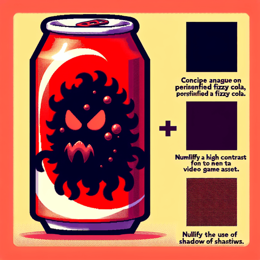 Cola monster, VERY BIG, coming out of a soda can.
Single Game Texture.  In-Game asset.  2d.  Blank background.  High contrast.  No shadows