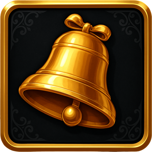 Crea un asset visual completo para el símbolo 'D' de Megaways: una Campana Dorada, directamente sobre su panel de fondo.

Diseño General:

Forma: Un panel cuadrado o ligeramente redondeado.

Fondo del Panel: Terciopelo oscuro (negro o azul noche) o un metal pulido muy oscuro.

Borde: Un borde elegante dorado o plateado alrededor del panel.

Detalles del Fondo: Puede tener un patrón sutil de filigrana de casino en las esquinas del panel.

Símbolo Central (la Campana):

Una campana clásica de tragamonedas, con un acabado dorado metálico y pulido, posicionada centralmente.

Debe tener un brillo sutil y un diseño elegante.

Puede tener un pequeño lazo o detalles decorativos..
In-Game asset.  2d.  High contrast.  No shadows