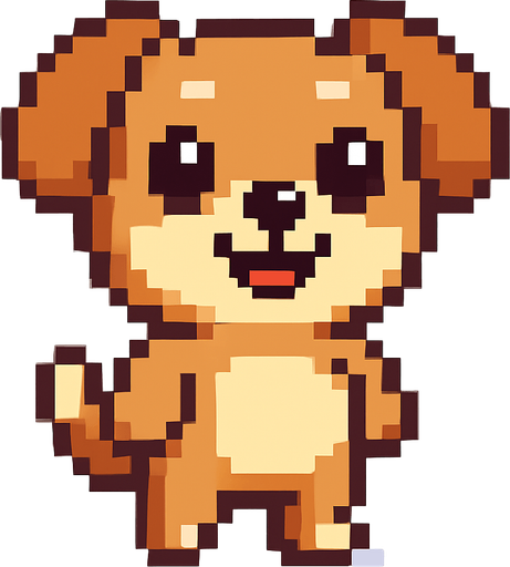 El perro debe ser un personaje adorable y expresivo en estilo pixel art, con cuerpo compacto y simpático, orejas grandes (pueden ser caídas o puntiagudas según la raza), ojos redondos y brillantes que transmitan alegría, y una cola visible que se mueva suavemente; su pelaje puede ser marrón, beige, blanco o una combinación simple de colores, con un diseño caricaturesco fácil de reconocer; debe estar de pie sobre dos patas traseras como un personaje antropomorfo, con una leve sonrisa y movimiento de balanceo o parpadeo como animación sutil; el fondo debe ser transparente y su estilo visual debe encajar en un juego casual, amigable y colorido..
In-Game asset.  2d.  High contrast.  No shadows