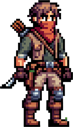 8-bit character that is a hunter.
Single Game Texture. In-Game asset. 2d. Blank background. High contrast. No shadows.