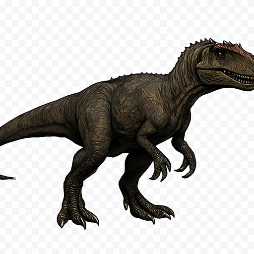A medium-large Allosaurus dinosaur depicted in a neutral standing pose on a transparent background. Its muscular body is covered with dark gray and earthy brown scaly skin, with subtle scars and wrinkles. The head is narrow and elongated, featuring sharp teeth visible in a slightly open mouth and prominent ridges above the eyes. Its strong legs end with sharp claws, and the long tail extends straight for balance. The skin texture is rough and detailed, giving a lifelike, ancient predator look..
In-Game asset.  2d.  High contrast.  No shadows