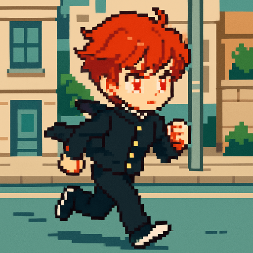 A cute 15-year-old red-haired boy with intense red eyes, wearing a traditional Japanese school uniform (gakuran). He's running down the street with a serious and confident expression. Despite his determined look, his appearance remains sweet and endearing. His gaze is focused straight ahead, with the wind gently lifting his hair and school jacket. The scene is illustrated in Pixel Art style..
In-Game asset.  2d.  High contrast.  No shadows