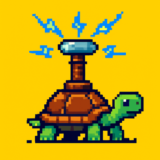 a turtle with a tesla tower on her shell, pixelart.
In-Game asset.  2d.  High contrast.  No shadows