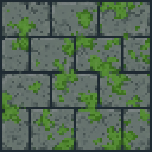 A tile of grey and mossy dungeon stone floor. Pixel art..
In-Game asset.  2d.  High contrast.  No shadows