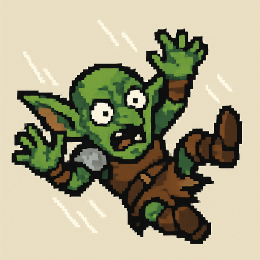 “Pixel art of a goblin falling through the air, viewed from top-down or slightly tilted angle. Arms and legs flailing, expression of surprise or fear, small fantasy armor pieces or tattered clothing. Wind or motion lines optional. Designed as a 2D game sprite, with exaggerated pose for clarity.”.
In-Game asset.  2d.  High contrast.  No shadows