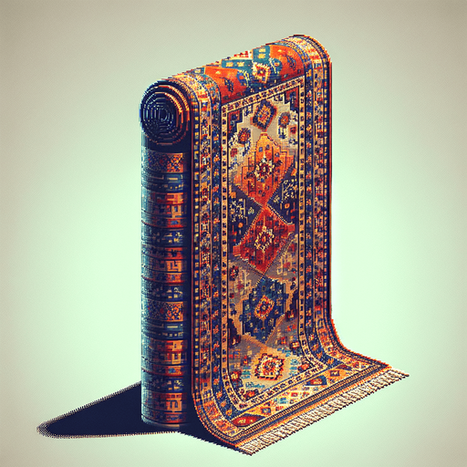 vertically standing rolled up arabic rug.
Retro gaming style