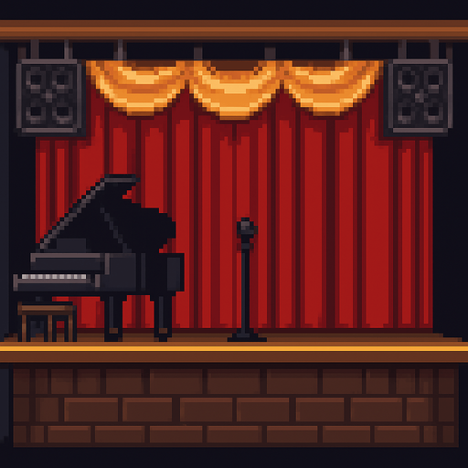 Traditional Concert stage pixel art 2d.
In-Game asset.  2d.  High contrast.  No shadows horizontal