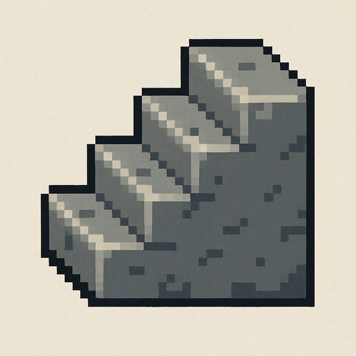 A stone staircase icon. Side profile. Pixel art..
In-Game asset.  2d.  High contrast.  No shadows