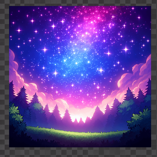 Beautiful shinny forest sky.
Single Game Texture.  In-Game asset.  2d.  Blank background.  High contrast.  No shadows