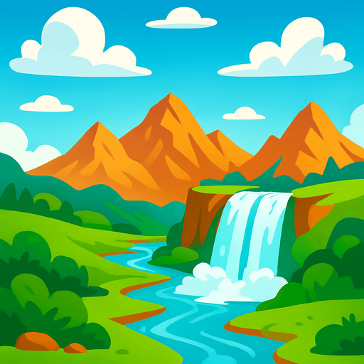amazing background with sky, waterfall, mountains and more. (It is going to be the game background).
In-Game asset.  2d.  High contrast.  No shadows