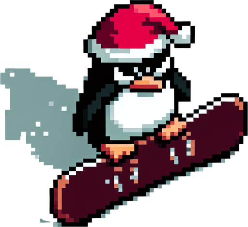 angry penguin snowboarder wearing a red santa hat. top-view. gta 2. seen from above. Single Game Texture. In-Game asset. 2d. Blank background. High contrast. No shadows. pixelated. 8 bit