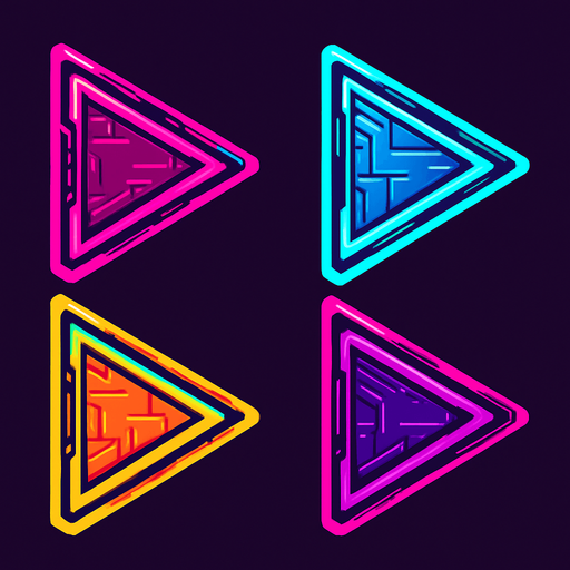 Setting buttons shapes as Triangle pointing to the right. HD colors. cyberpunk. Abstract. Different colors.
In-Game asset.  2d.  High contrast.  No shadows