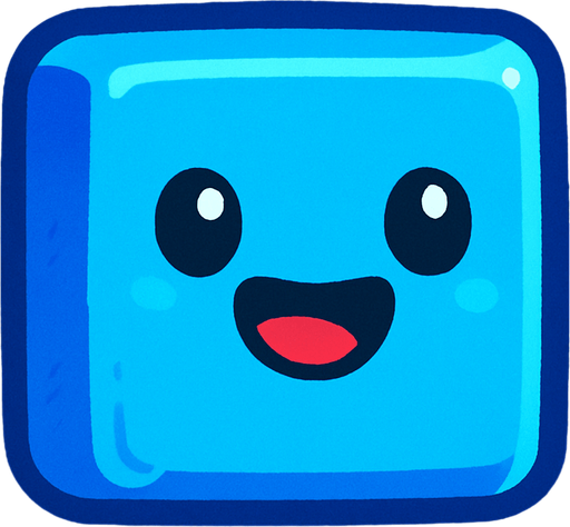 happy blue cute cube sprite.
In-Game asset.  2d.  High contrast.  No shadows