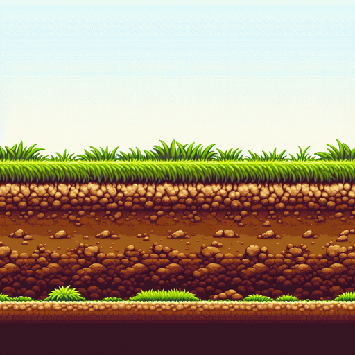 Side on. Dirt with grass. Full width. Super mario.
Blank background.  High contrast.  No shadows