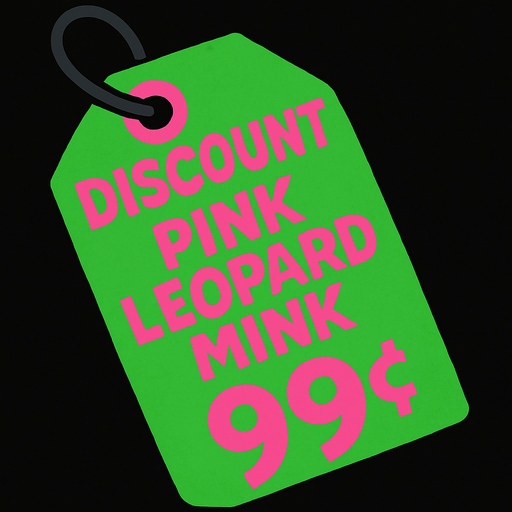 green price tag that says discount pink leopard mink 99 cents!
In-Game asset.  2d.  High contrast.  No shadows