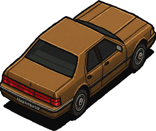 Brown Ford sedan thunder bird car, seen from behind Top-down, gta2, Single Game Texture. In-Game asset. 2d. Blank background. High contrast. No shadows.isometric its looks retro. In-Game asset. 2d. High contrast. No shadows