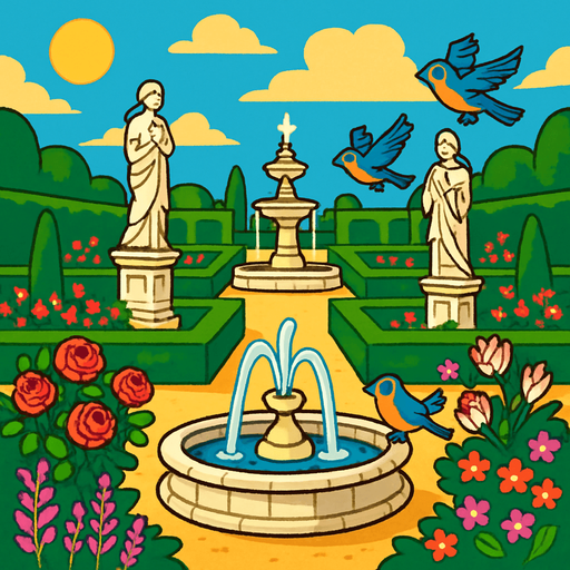 A royal medieval garden with trimmed hedges, stone fountains, blooming flowers and marble statues, birds chirping under the morning sun.
In-Game asset.  2d.  High contrast.  No shadows