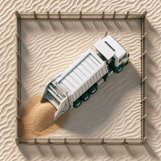 Zenith view of a white rectangular Harvester shape of a garbage truck with a triangular head. Harvesting on sand, with flowing spice in the back. inside a square fence.
Zenith view. Directly overhead. Plumb view.