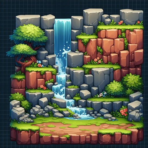bg of rocks waterfall.
Single Game Texture.  In-Game asset.  2d.  Blank background.  High contrast.  No shadows