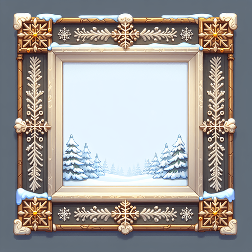 an empty painting with a winter styled frame Single Game Texture. In-Game asset. 2d. Blank background. High contrast. No shadows.