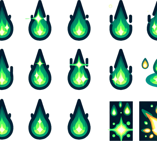A sprite sheet of energy projectiles. Green projectiles tear shaped with yellow energy core.
Single Game Texture. In-Game asset. 2d. Blank background. High contrast. No shadows.