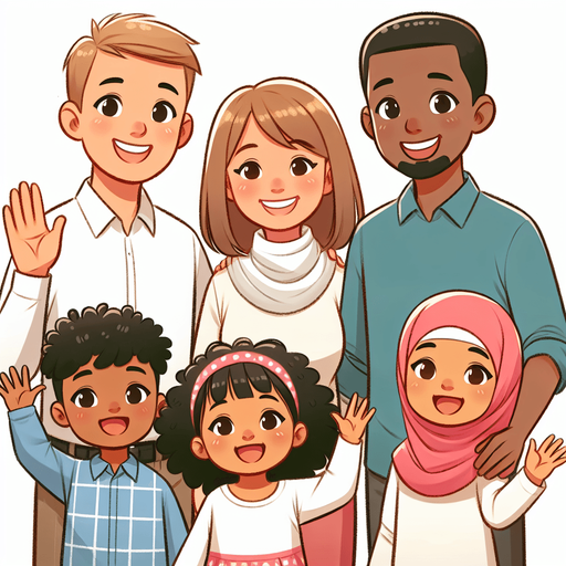 A smiling family waving..
Single Game Texture. In-Game asset. 2d. Blank background. High contrast. No shadows.
