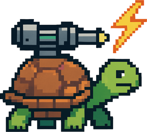 a turtle with a lightning bolt gun on her shell, pixelart.
In-Game asset.  2d.  High contrast.  No shadows