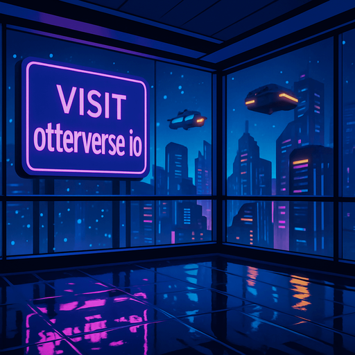 Render a futuristic skyline view from a glass-walled sky-bridge at twilight. Huge digital billboard outside declares ‘Visit otterverse.io’ in crisp neon lettering. Include passing hover-cars, floating particle effects, and a wet floor inside reflecting the lights—no characters or coins..
In-Game asset.  2d.  High contrast.  No shadows