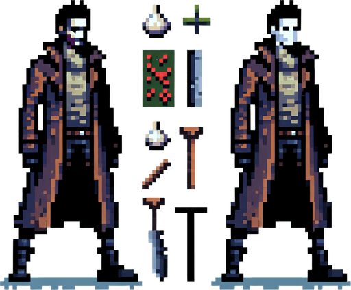 vampire hunter pixel art
Single Game Texture. In-Game asset. 2d. Blank background. High contrast. No shadows.