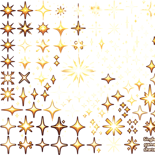 A sprite sheet of different golden sparkles..
Single Game Texture. In-Game asset. 2d. Blank background. High contrast. No shadows.