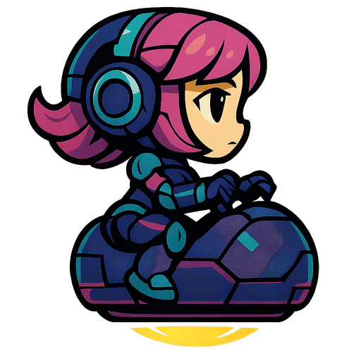 Side view, cute female cyberpunk robot, looking right, full body, chibi, riding in a hover sphere with energy glow at bottom, hands on controls
In-Game asset.  2d.  High contrast.  No shadows