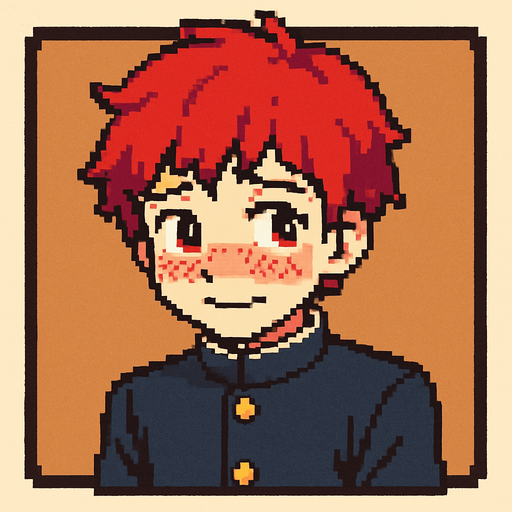 A cute 15-year-old red-haired boy with bright red eyes, wearing a traditional Japanese school uniform (gakuran). He is framed inside a square, showing a shy expression: blushing cheeks, slightly averted gaze, and a small, nervous smile. His shoulders are slightly hunched, giving off a sense of insecurity, yet his cuteness stands out clearly. The image is illustrated in Pixel Art style..
In-Game asset.  2d.  High contrast.  No shadows