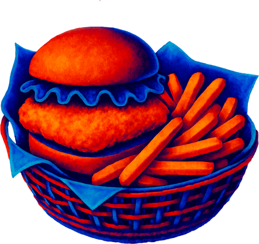 A fish burger and fries in a basket lined with paper.