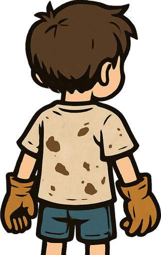 5-year-old boy with his back turned wearing a worn t-shirt and work gloves.
In-Game asset.  2d.  High contrast.  No shadows. Cartoon