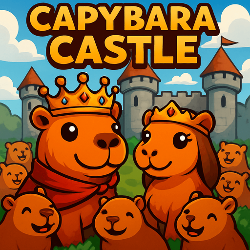 Utilizando este ejemplo. Hay un castillo al fondo. Al frente esta el rey capybara y la reina capybara tranquilos y los capibaras habitantes estan rodeandolos felices. Elimina el cañon de detras. Agrega el titulo de juego en la parte superior: Capybara Castle.
In-Game asset.  2d.  High contrast.