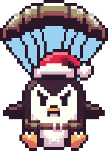 cute angry parachuting penguin wearing a santa hat. pixelated. 8 bit..
Single Game Texture. In-Game asset. 2d. Blank background. High contrast. No shadows.