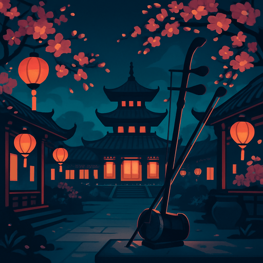 A traditional Chinese courtyard with lanterns, pagodas, and cherry blossoms. Add a calm evening vibe for the Erhu instrument..
In-Game asset.  2d.  High contrast.  No shadows