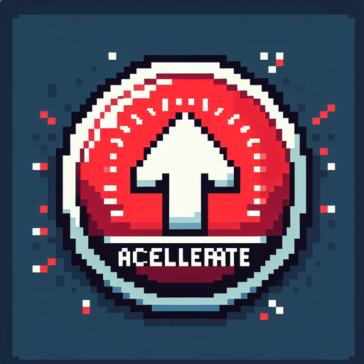 "Pixel art style accelerate button icon, 64x64 size, glowing red or white, with an upward arrow or speed meter symbol, circular or rounded rectangle, designed for mobile racing game UI, clean and minimal arcade look". button shoudld be straight up and accelerate text hd images
Single Game Texture.  In-Game asset.  2d.  Blank background.  High contrast.  No shadows