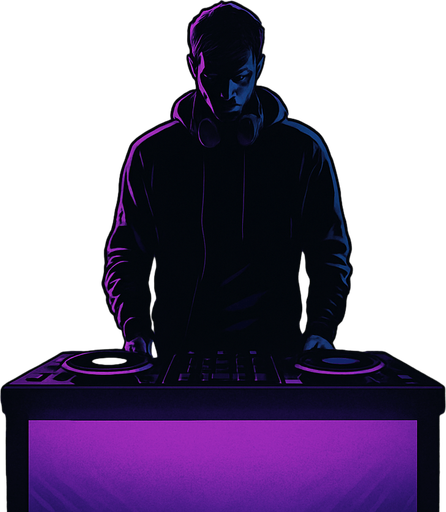 A cinematic comic book-style vertical panel, 2048x2732. Inside a moody, dimly lit underground bar, a lone DJ (Noah) stands behind a glowing DJ booth, facing forward but with his head slightly bowed. Sparse silhouettes of a few customers sit at shadowy tables, blurred by distance and smoke. Purple and blue neon lights gently illuminate the space. The atmosphere feels still, as if something important just began. A faint spotlight outlines Noah's figure. This scene conveys calm before momentum, subtle drama and emotional depth. No text or narration in the image..
In-Game asset.  2d.  High contrast.  No shadows