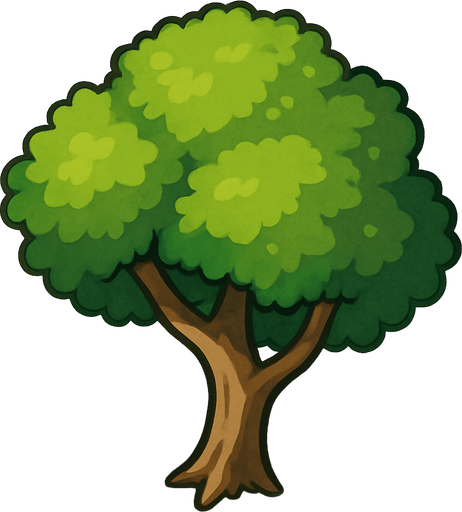 A 2D top-down tree (a little bit short and weird) viewed from a slight rear top angle, positioned beside a road, showing the top and a bit of the back side. The tree is slightly angled to match the camera perspective, with visible foliage and trunk shape. Daylight, clean background, suitable for roadside environment in a driving game..
In-Game.
In-Game asset.  2d.  High contrast.  No shadows