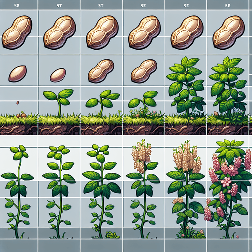 A spritesheet showing a peanutplant in various stages of germantion, from seed over sapling and to full grown plant with ripe peanuts. The sprites should be laid out in a rectangular grid with blank space between them..
Single Game Texture. In-Game asset. 2d. Blank background. High contrast. No shadows.