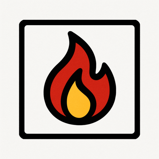 top-down view, simple minimal white square icon, centered flame symbol inside, clear sharp lines, no background, clean style, for game UI button, 30x30 px, black red yellow.
In-Game asset.  2d.  High contrast.  No shadows