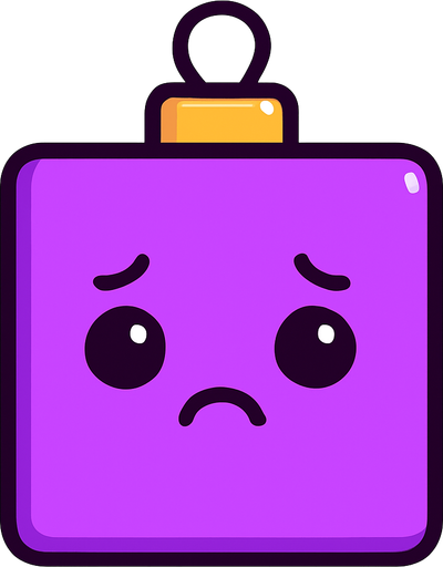 a sad Perfectly square bright purple Christmas decoration with cute . Cartoon style. Cute art style. Simple vector style..
In-Game asset.  2d.  High contrast.  No shadows