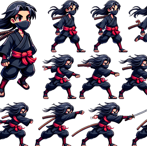 "Create a sprite sheet of a cartoon ninja running. The ninja should be wearing a black outfit with a red sash and a determined facial expression. The sprite sheet should include multiple frames to show the ninja in various stages of the running cycle, with alternating leg and arm positions. The background should be transparent.".
Style: Cartoon style, with clean lines and vibrant colors.
Character Design:
Outfit: Black ninja gi (traditional uniform) with a red sash tied around the waist.
Head: Black mask covering the lower face, revealing expressive eyes.
Hair: (Optional) If the ninja has hair, it should be flowing back in the wind as they run.
Weapon: The ninja should be carrying a weapon (sword or staff) in their hand. The weapon should also be animated to show movement as the ninja runs.
Running Animation:
Number of Frames: At least 4-6 frames for a smooth animation cycle.
Poses: Varying leg and arm positions to create a sense of movement and dynamism. Consider poses with one leg extended forward, the other back, and arms swinging in opposite directions.
Details: Pay attention to details like the flow of the clothing and the movement of the hair (if applicable) to enhance the realism of the animation.
Background: Transparent background for easy integration into the game.
Resolution: Specify a resolution that is appropriate for your game's scale and the desired level of detail (e.g., 128x128 pixels or 256x256 pixels per frame).
