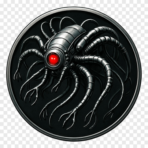 Creat a singular circular asset that features a 3D version of a sentinal from the film the matrix. Asset to have a metallic feel, and the background is to be transparent.
In-Game asset.  2d.  High contrast.  No shadows