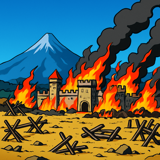 plain battlefield of defense burning medieval fortres at bottom anime image style. blue sky at upper. far distance a mountain
In-Game asset.  2d.  High contrast.  No shadows
