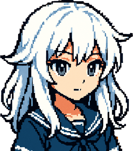 Beautiful anime style girl, with white hair and gray eyes.
In-Game asset.  2d.  High contrast.  No shadows. Pixel art