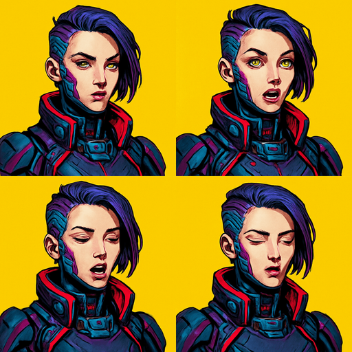 Cyberpunk high commander women looking to the camera with eyes by side, the half upper part of it only not all body, different frames, Opened eyes closed mouth, Opened eyes opened mouth, talking closed eyes opened mouth, Closed eyes closed mouth, each frame in one image. background yellow. paint it professionally with all details.
In-Game asset.  2d.  High contrast.  No shadows